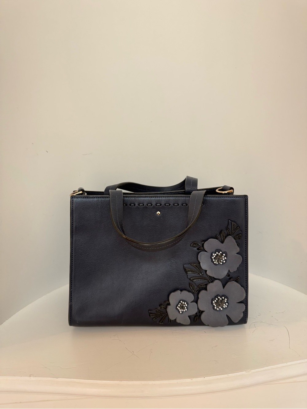 Kate Spade Expo Floral Appliqué Leather Top Handle Bag Navy KJ917